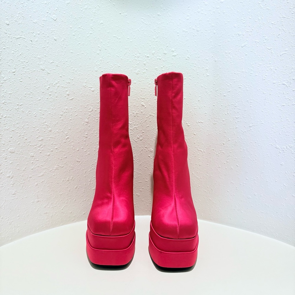 ASOS Fuchsia Satin Square Toe Hi Block Heel Platform Boots Sz 9 NWT - Picture 7 of 13